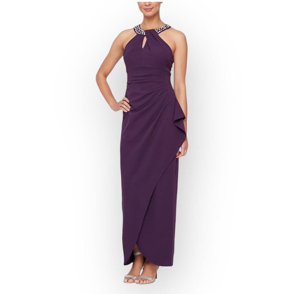 S.L. Fashions SLNY Maxi Dress Women's Plus 18 Purple Embellished Halter Neckline